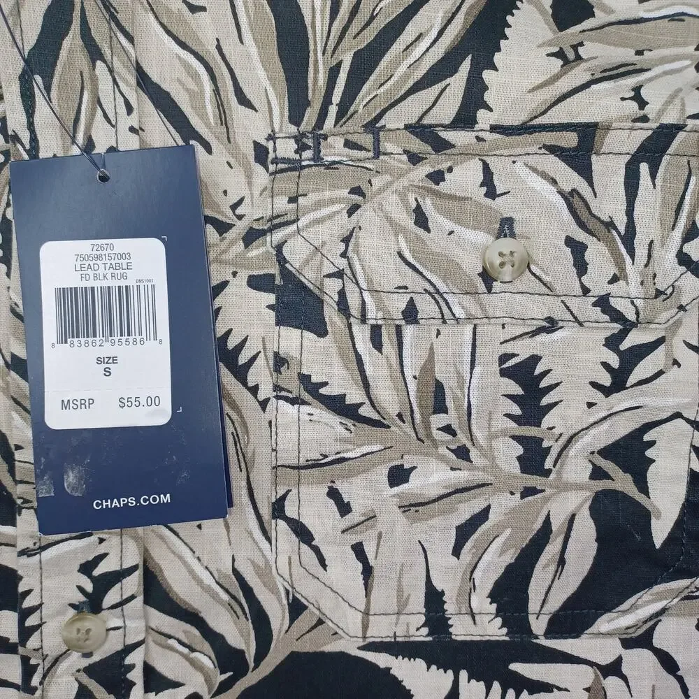 CHAPS Shirt Mens S Casual Button Down Tan Black Tropical Short Sleeve Cotton NWT